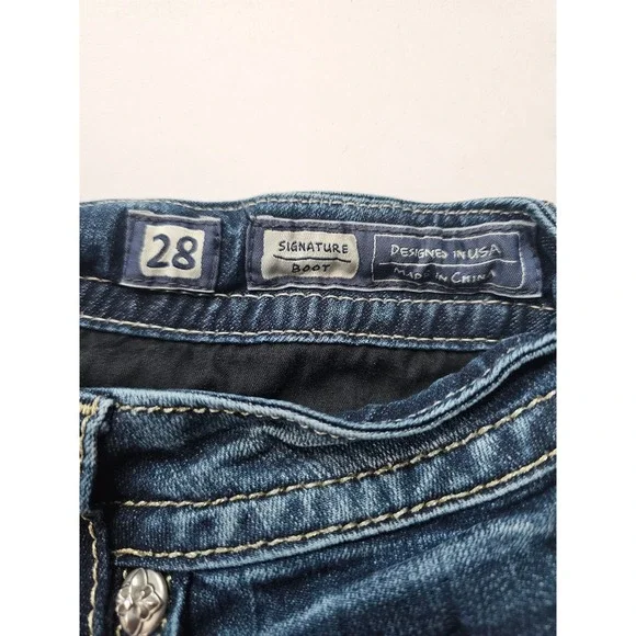 Miss Me Signature Boot Jeans Women 28 Blue Camo Sequin Embellished Dark Wash - Picture 3 of 9